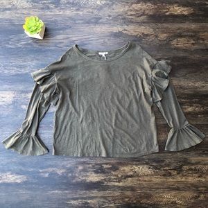 Sundry Olive Green Double ruffle Bell sleeve Top